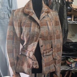 Ruty Plaid Wool-Blend Jacket with Faux Fur Trim Women's Size 6